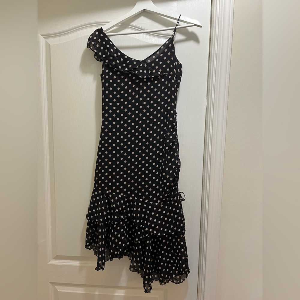 Y2K Black Polka Dot Ruffle Midi Silk Dress